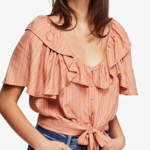 Free People The Rosemary Top Size Medium Gauzy Boho Ruffle Tie Front Beachy